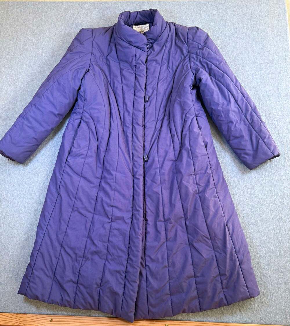 VTG 80s Forecaster International Long Quilted Puffer Coat Purple Maxi Duster